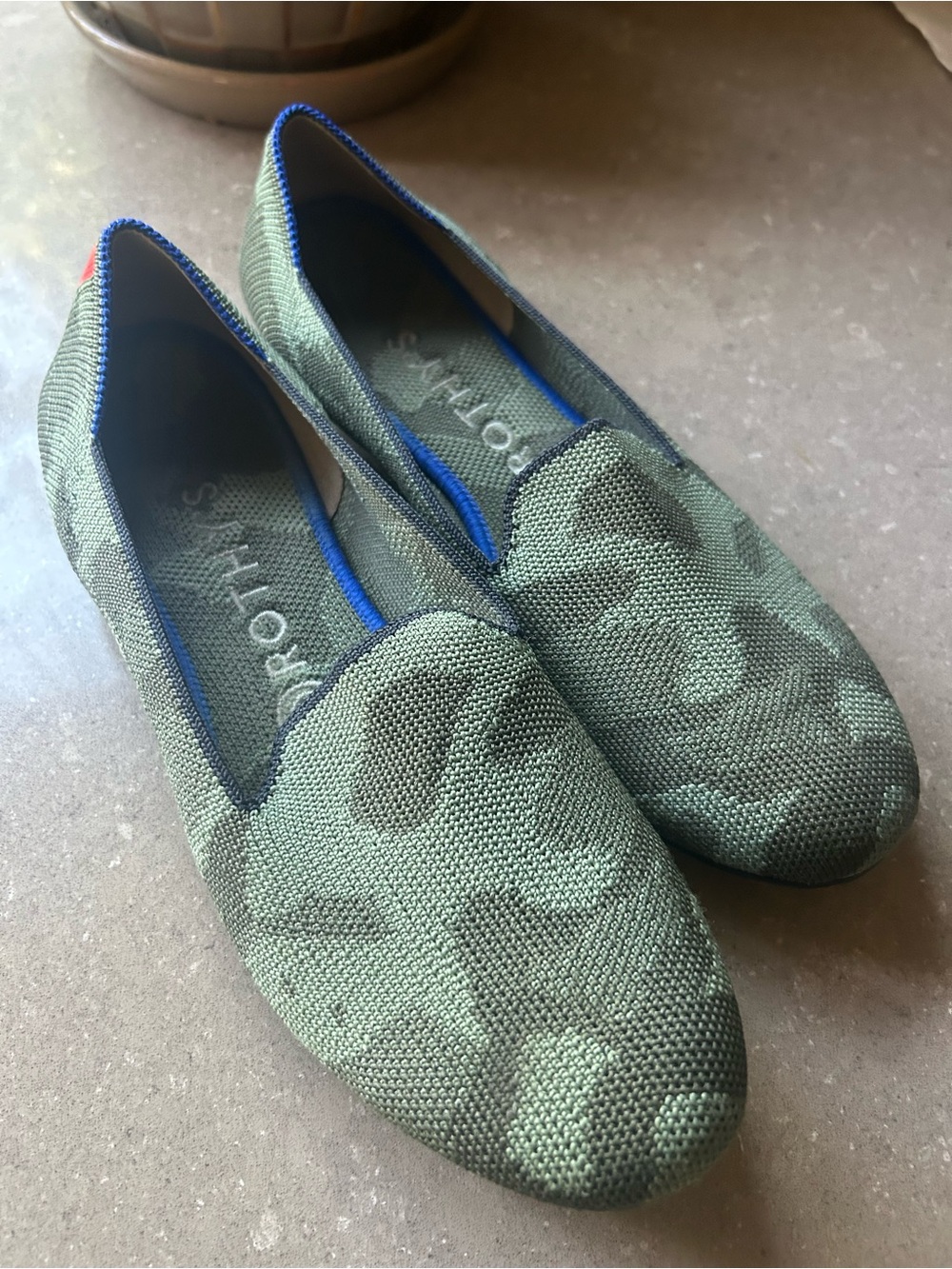 Rothys Olive Green Camo Knit Slip-On Flats